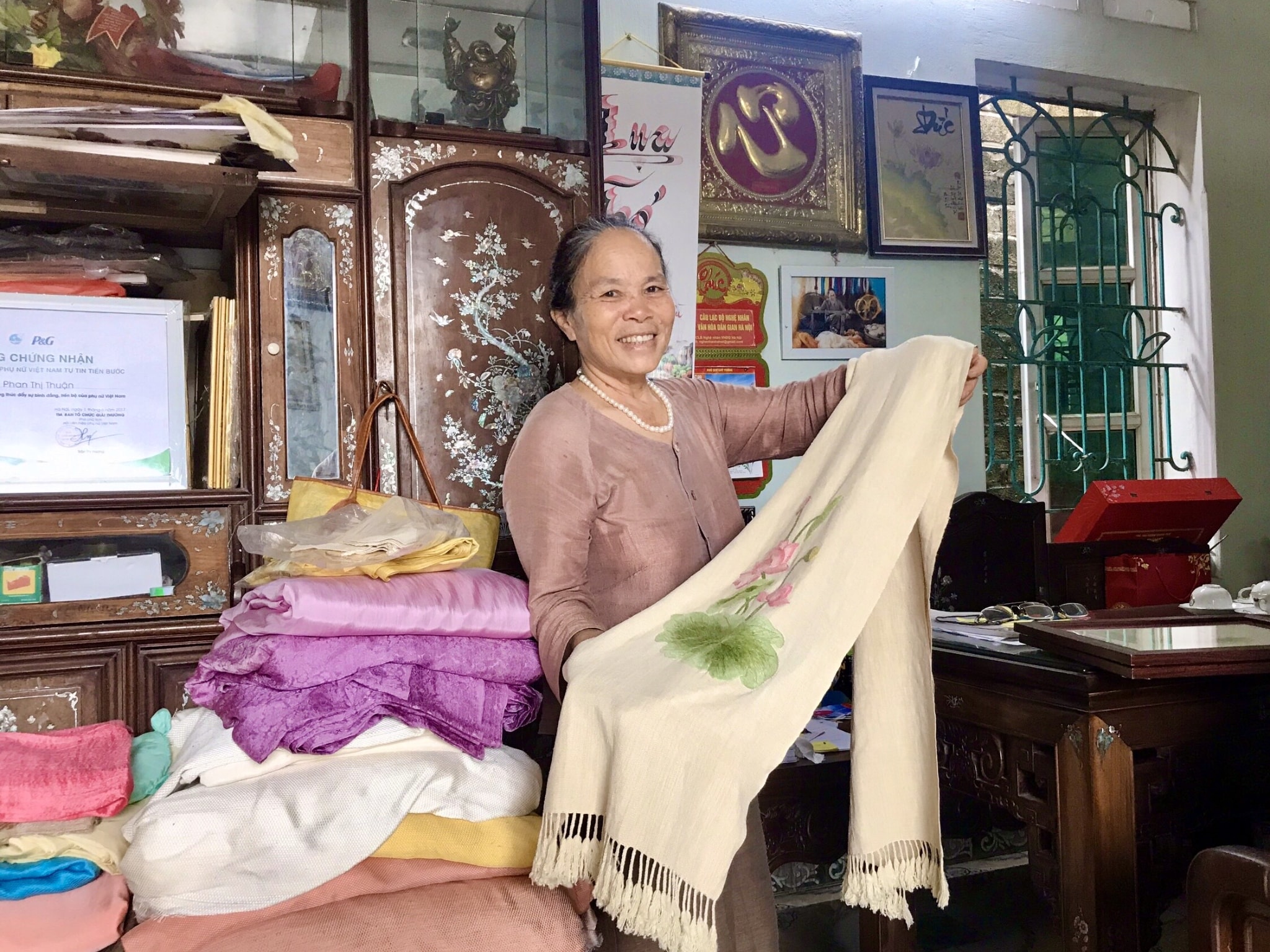 Lotus silk is a rare and delicate fabric handcrafted in Vietnam, prized for its lightweight texture and natural sheen